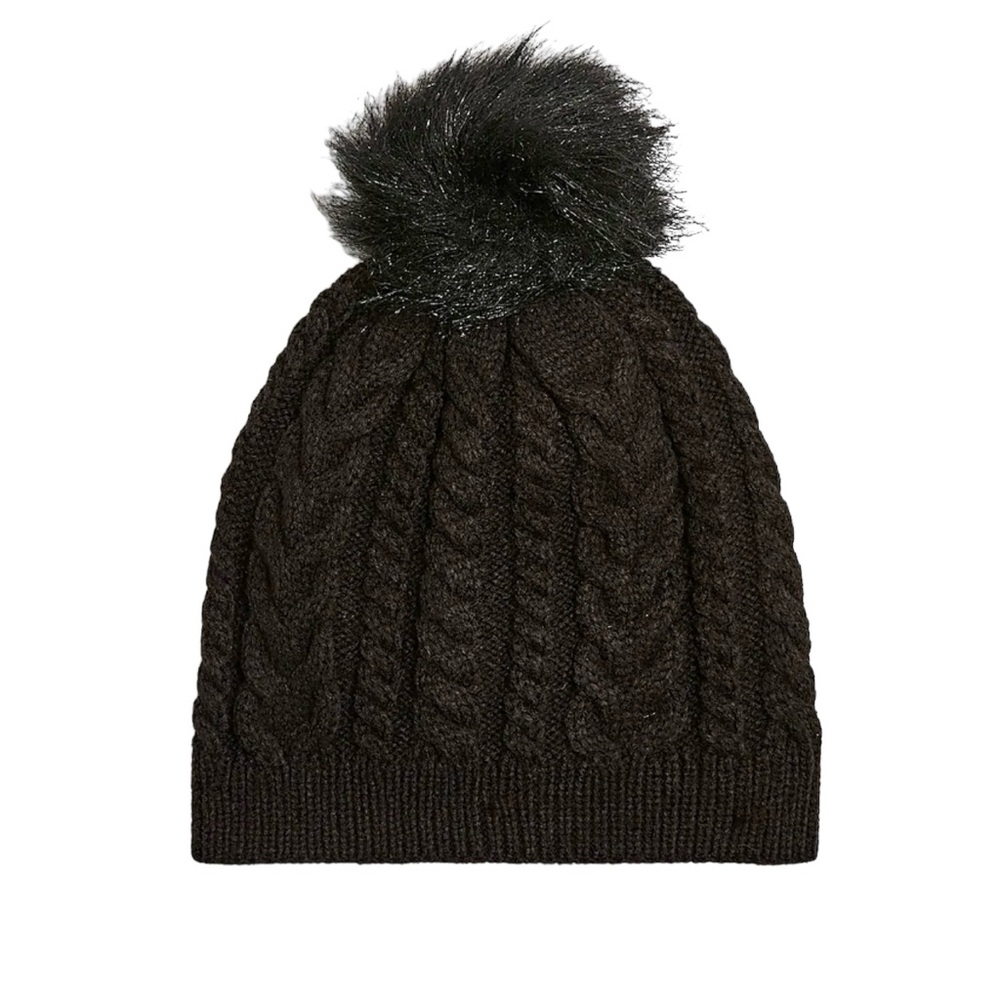 J. Crew Factory Cable Pom Pom Beanie Hat in black